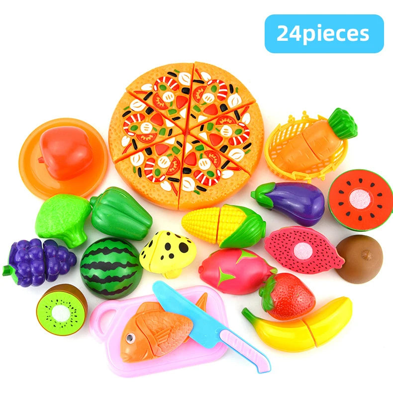 A set of 24 pretend play cutting food toys including a pizza, fruit slices, vegetables, and a shopping basket.