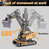 A YIGONG remote control excavator toy with a tracked base and hydraulic arms demonstrating 680 degree rotation.