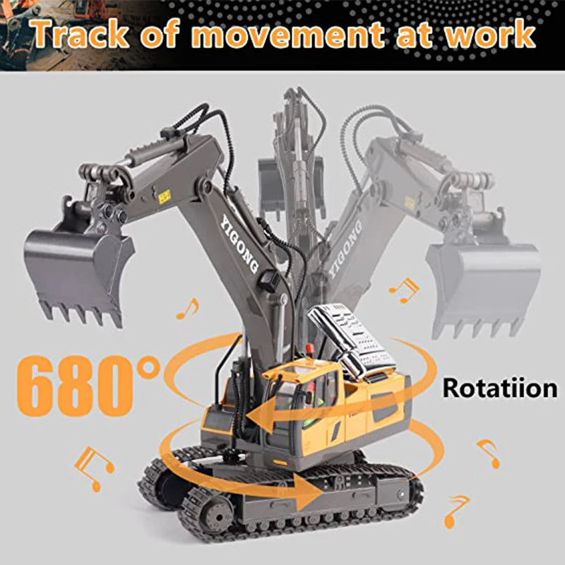 A YIGONG remote control excavator toy with a tracked base and hydraulic arms demonstrating 680 degree rotation.