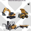 A yellow mini RC construction vehicle set with a black remote control and a flatbed trailer.