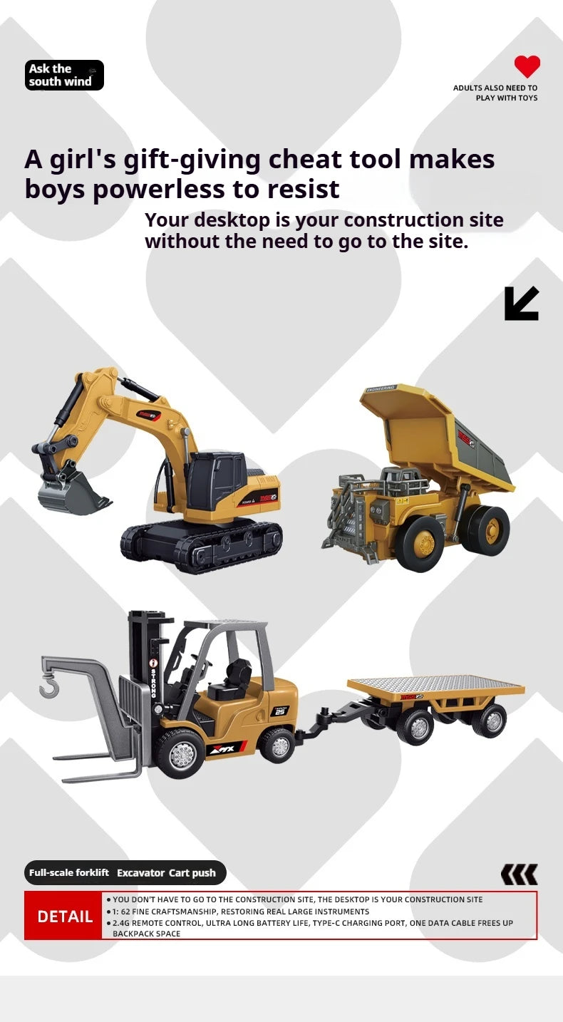 A yellow mini RC construction vehicle set with a black remote control and a flatbed trailer.