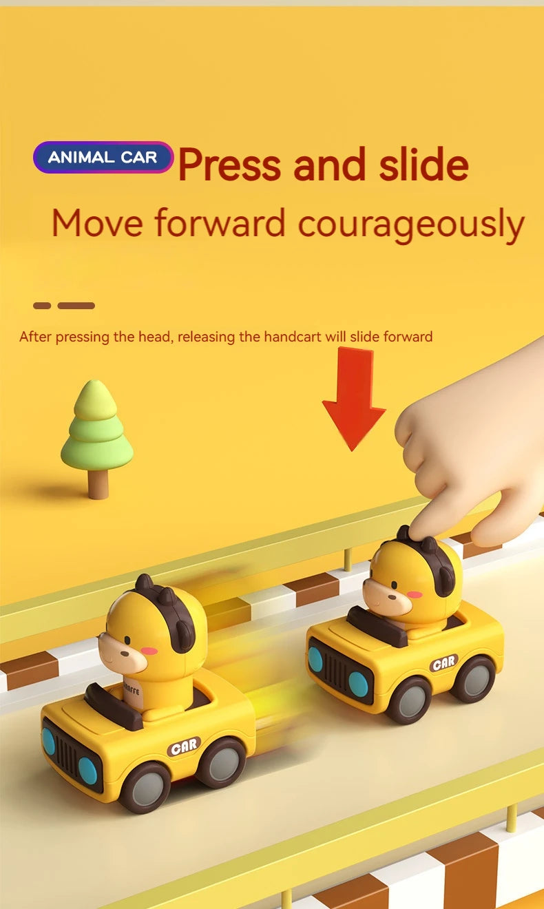 A hand presses a head to make an animal car toy slide forward on a track.