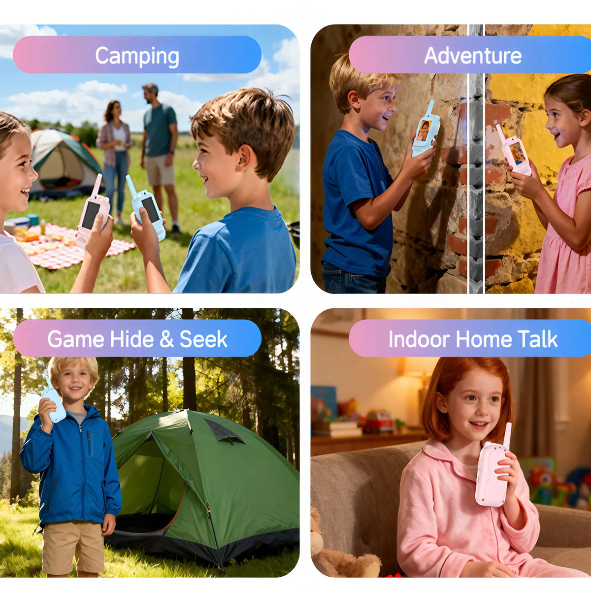 Children using video walkie-talkies in outdoor camping, adventure, and indoor settings.