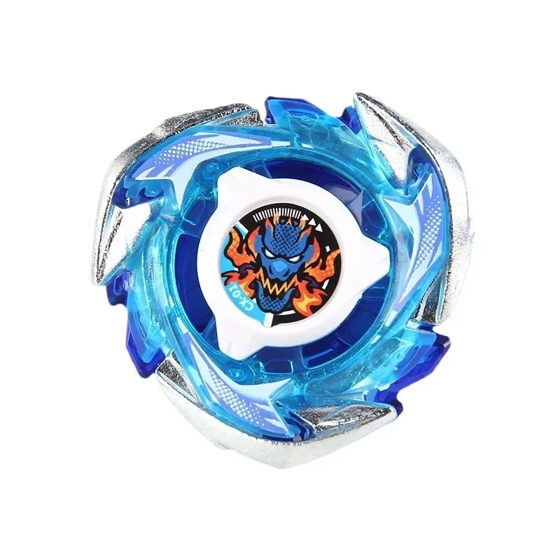 A blue metal spinning top with a clear casing and an orange-themed design visible inside.