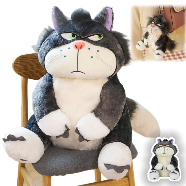 A plush toy of a black and white cat with purple ears sitting on a wooden chair.