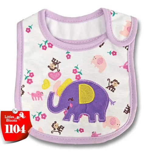 A purple and white cartoon cotton bib with a waterproof backing for infants and toddlers.