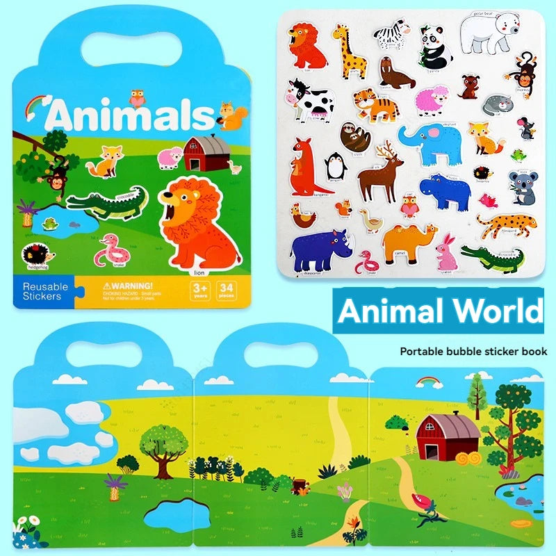 A portable bubble sticker book featuring animals and vehicles for toddlers.