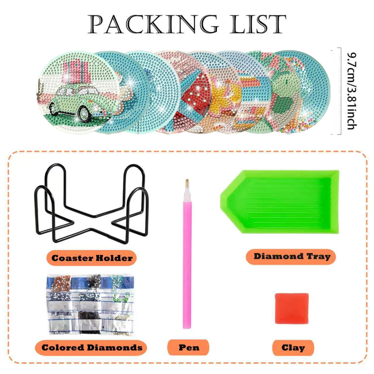 A packing list showing decorative diamond painting coasters, a metal coaster holder, colored diamonds, a pen, and clay.