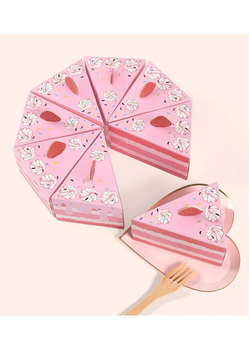Pink layered cake shaped paper gift boxes with white floral dots and pink stripes