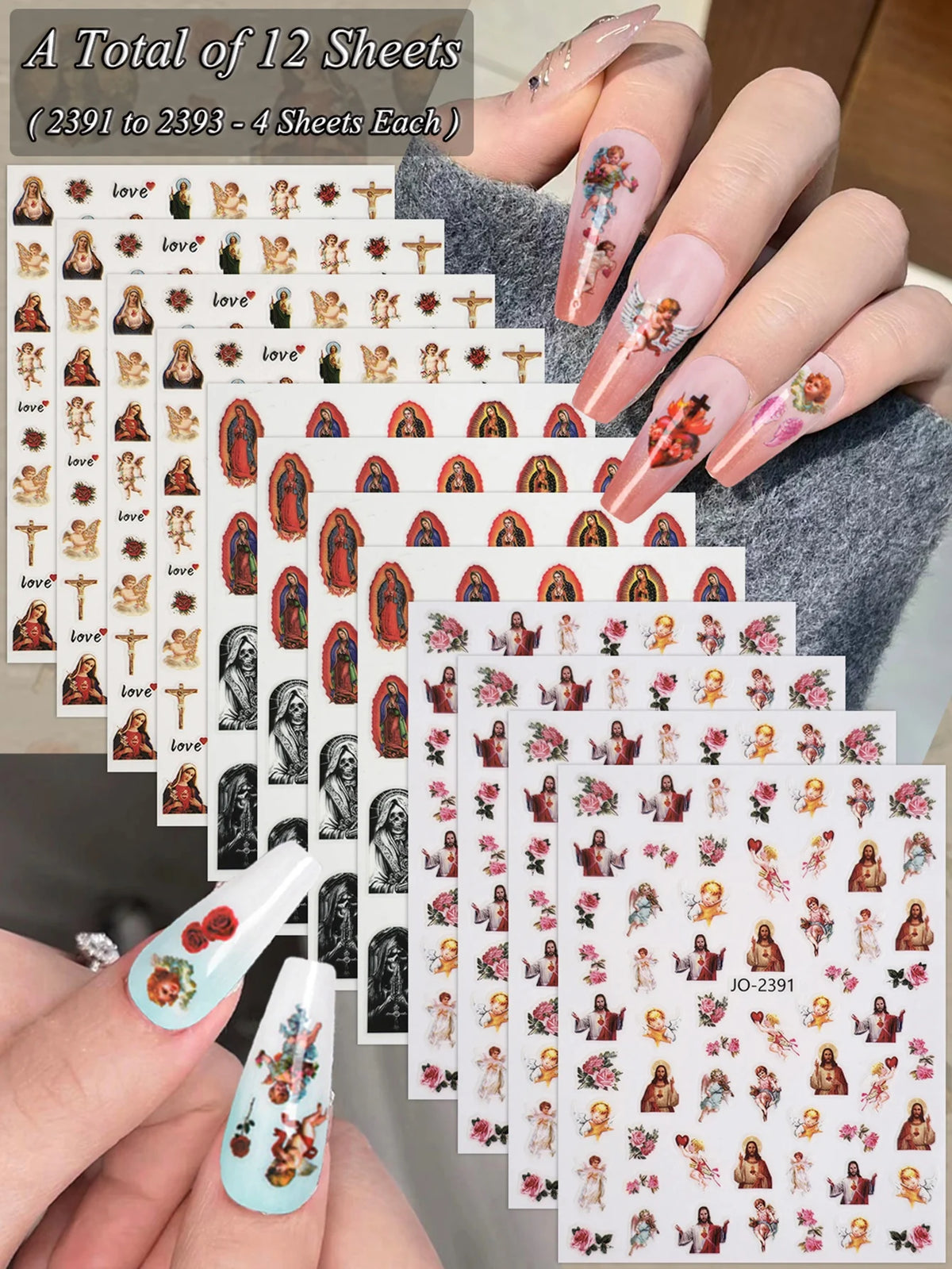 A collection of 12 sheets of vintage angel and saint nail art stickers featuring cherubs and crosses