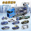 A diecast playset featuring a blue truck hauling various police and construction vehicles.