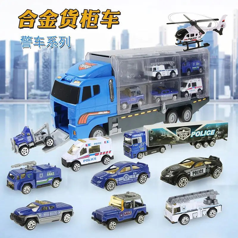 A diecast playset featuring a blue truck hauling various police and construction vehicles.