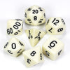 A collection of white acrylic dice showing various numbers and shapes for tabletop role-playing games