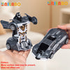 A black and white transformable robot sports car toy is shown in a hand, next to its vehicle mode.