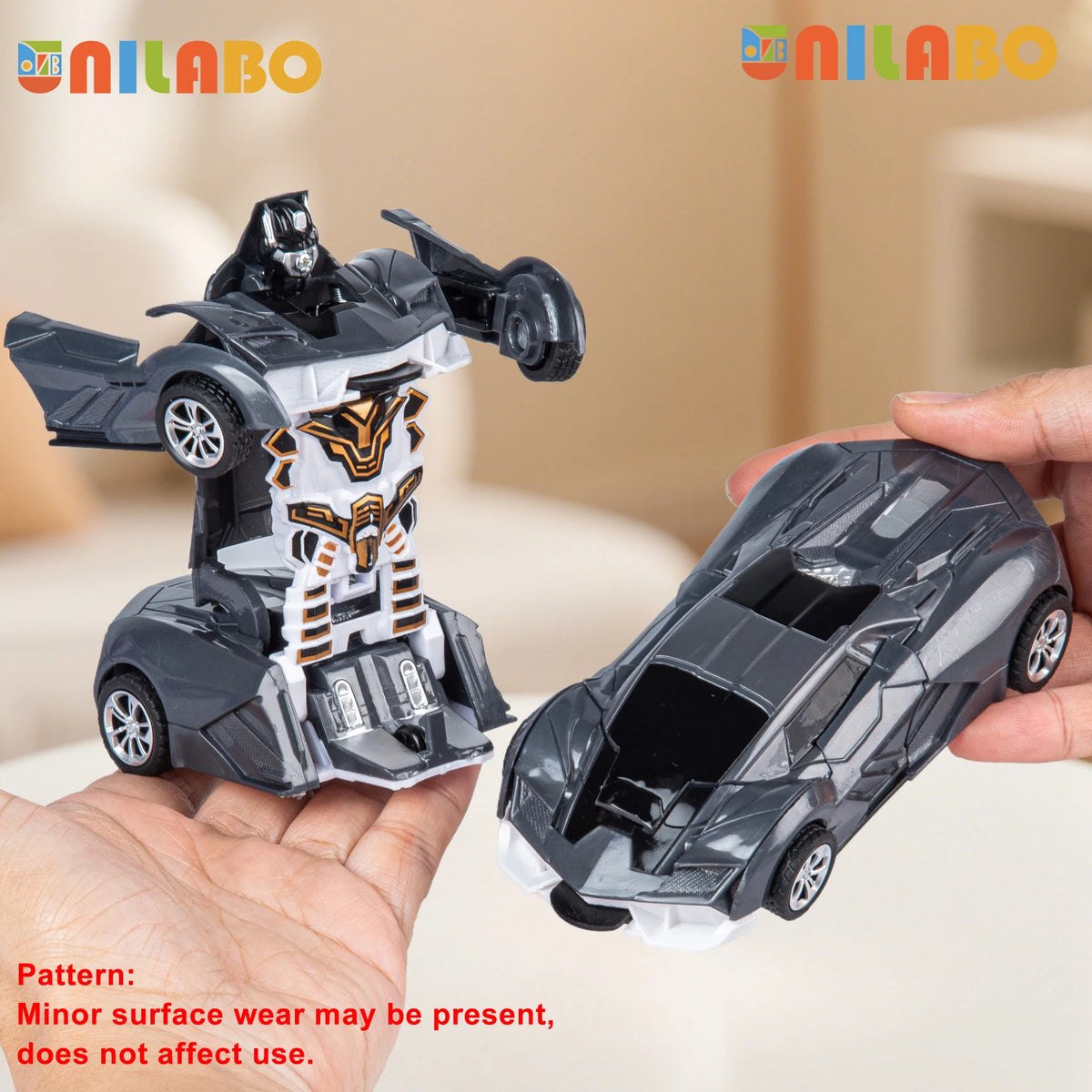 A black and white transformable robot sports car toy is shown in a hand, next to its vehicle mode.