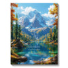 A vibrant mountain landscape featuring evergreen trees and a clear blue lake, suitable for a diamond painting kit.