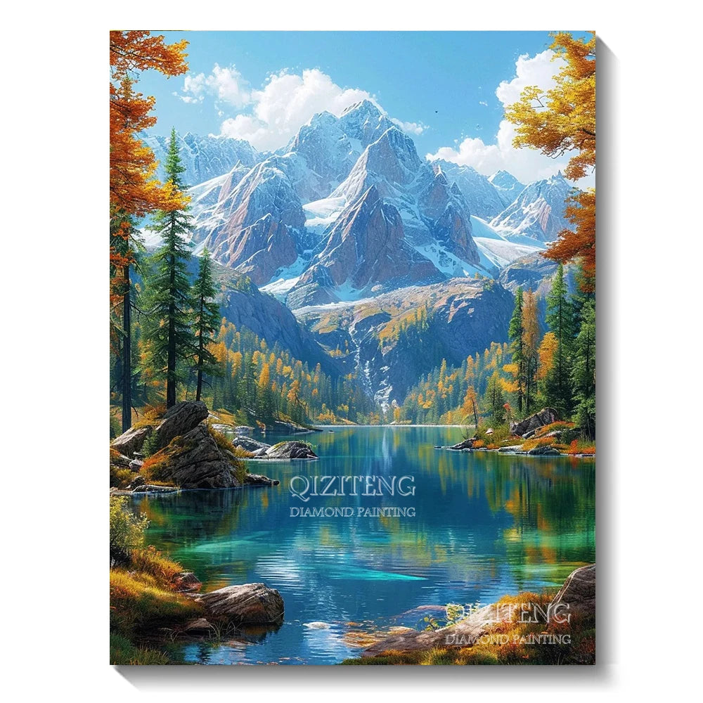 A vibrant mountain landscape featuring evergreen trees and a clear blue lake, suitable for a diamond painting kit.