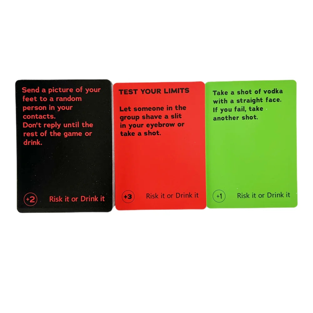 A set of three cards for a drinking game with instructions like Send a picture of your feet or Test your limits
