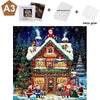 A wooden jigsaw puzzle depicting a Christmas scene with a red house and festive decorations.