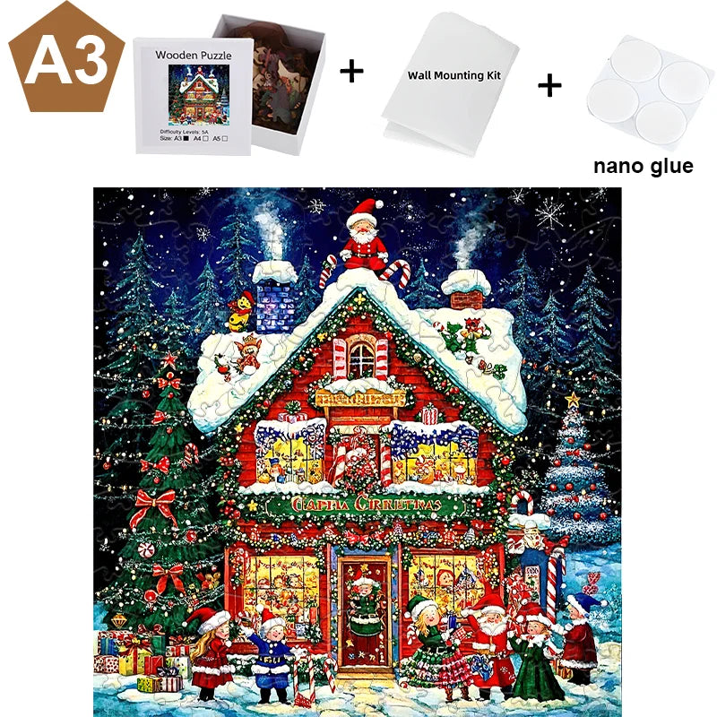 A wooden jigsaw puzzle depicting a Christmas scene with a red house and festive decorations.