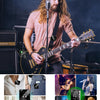 A male musician is shown receiving a signal via a clipped microphone on his guitar strap, demonstrating the wireless micropho