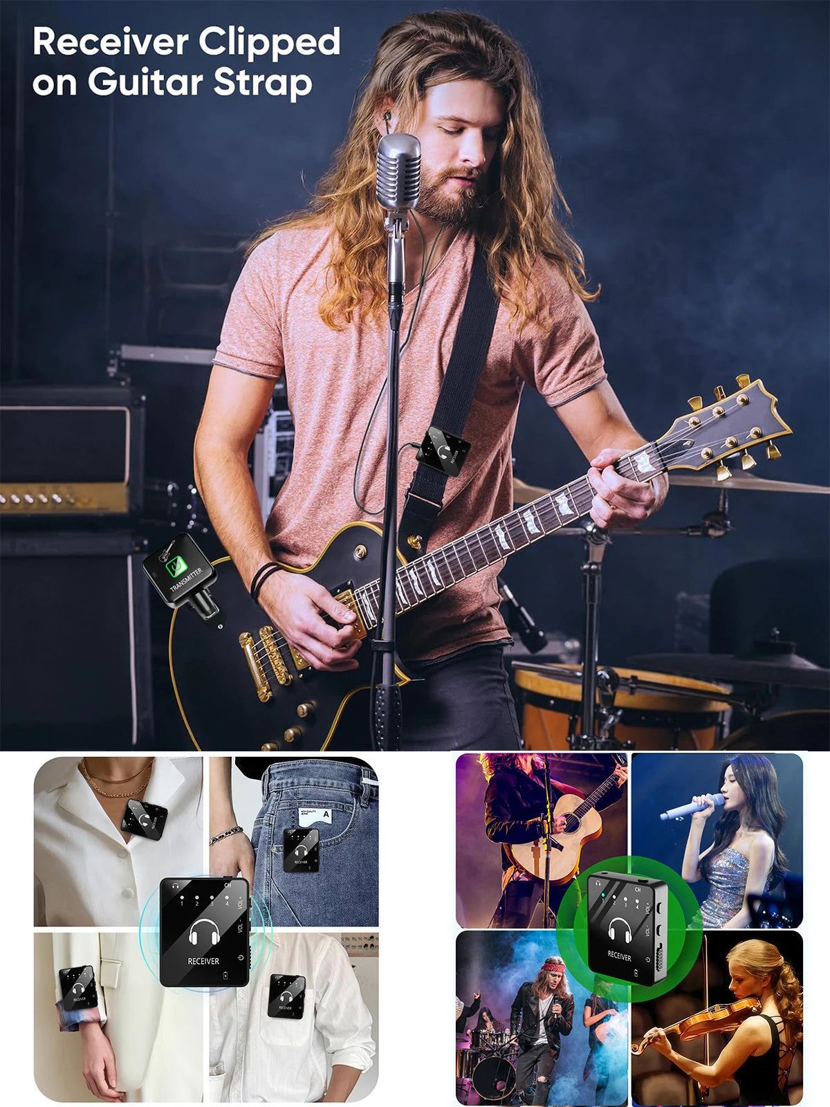 A male musician is shown receiving a signal via a clipped microphone on his guitar strap, demonstrating the wireless micropho