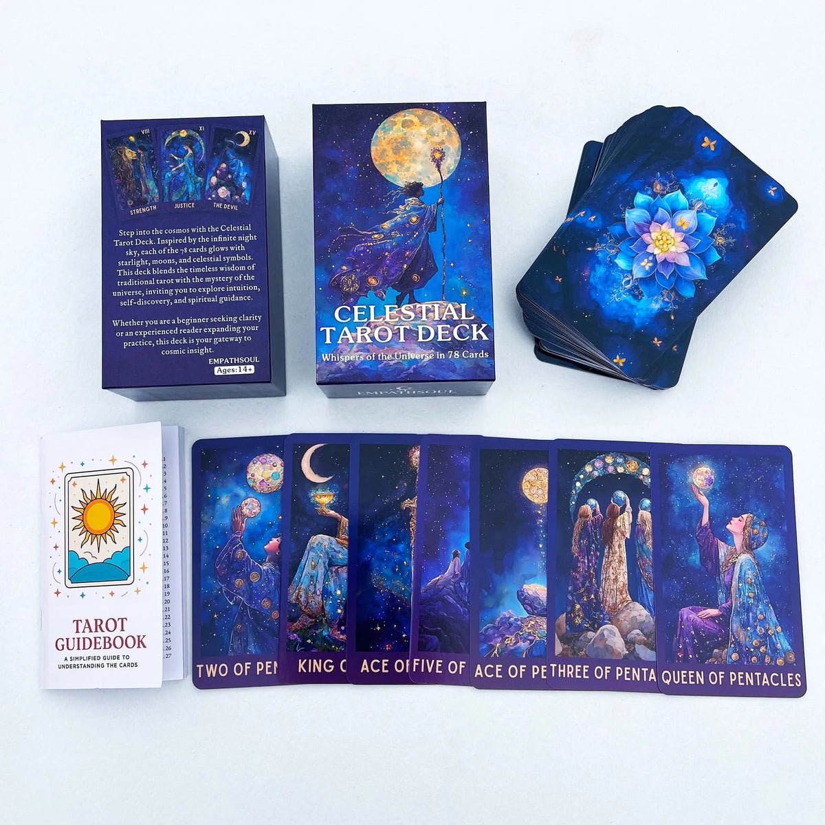 A box set of a Celestial Tarot Deck with a guidebook showing various cards and celestial imagery.