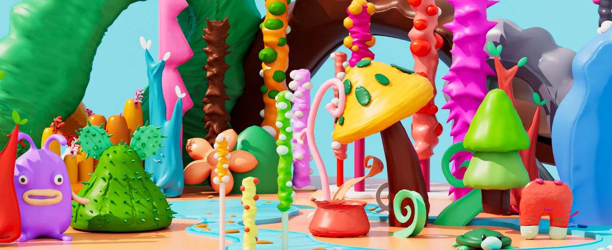 A colorful polymer clay set with carving tools is displayed on a surface, featuring various sculpted shapes and tools.