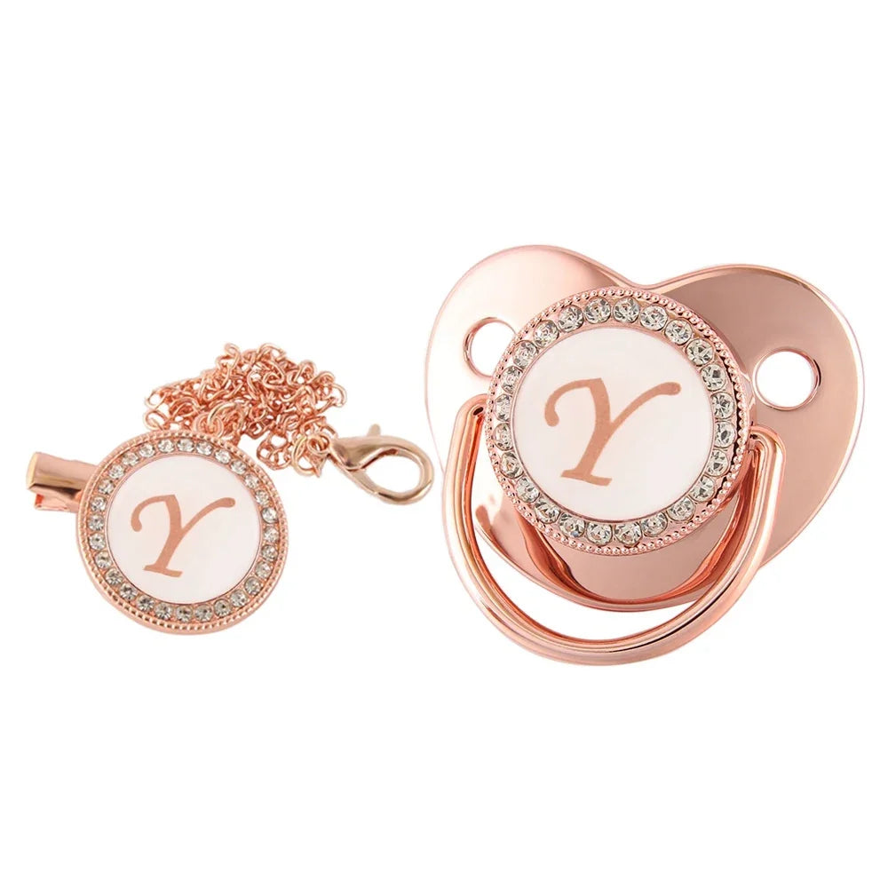 Rose gold bling baby pacifier clip with silicone holder featuring a letter Y