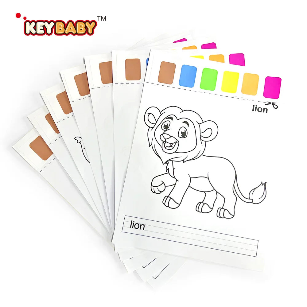 A set of KeyBaby lion watercolor painting activity sheets and color guides for children.