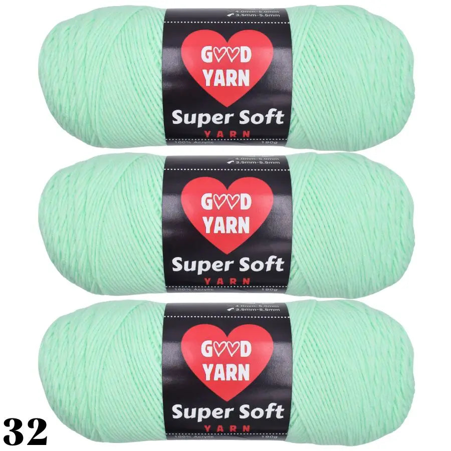 Three skeins of light green Super Soft yarn labeled GVVYARDN are shown.