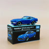 A blue Nissan Fairlady Z die-cast model car displayed in its original packaging.