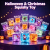 A collection of squishy toys featuring festive characters like ghosts, pumpkins, Santa, and snowmen in various colors.