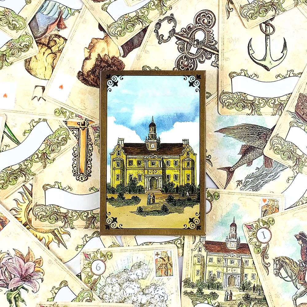 A collection of Lenormand oracle cards featuring illustrations and ornate borders.