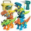 A set of dinosaur toys featuring an electric drill tool for disassembly and repair.