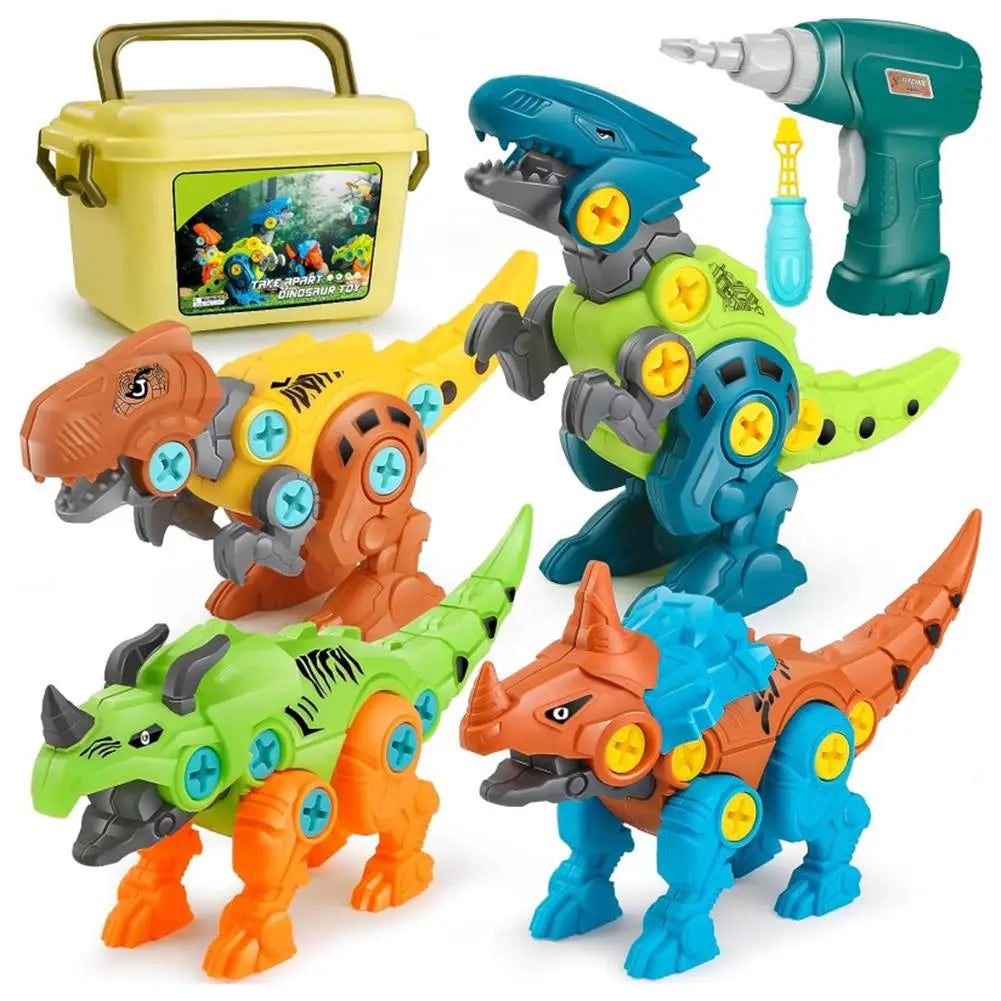 A set of dinosaur toys featuring an electric drill tool for disassembly and repair.