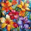 Vibrant sunflower floral art created with 5D diamond painting, featuring orange, red, and purple blooms.