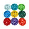 A collection of nine colorful math fidget spinners showing multiplication facts like 2x, 3x, 4x, 5x, 6x, 7x, 8x, 9x, and 10x.