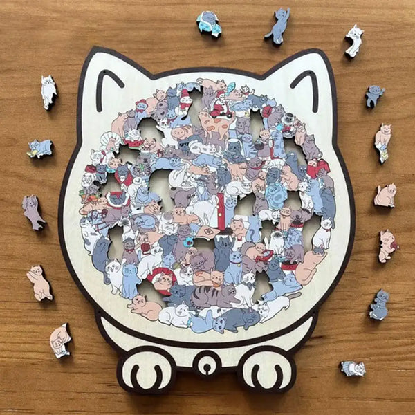 A wooden jigsaw puzzle shaped like a cat, featuring 135 pieces of various cats and animals.