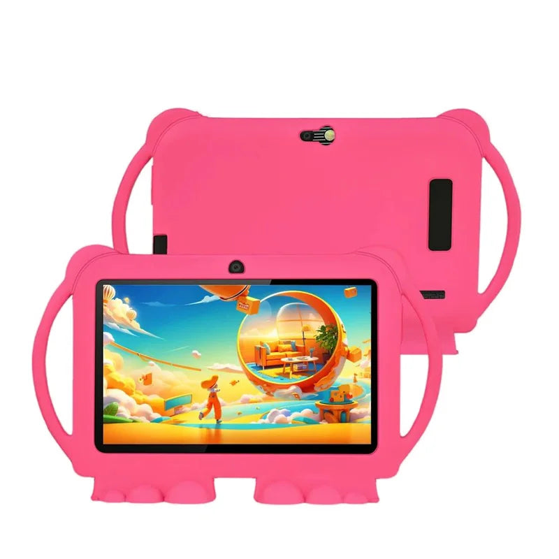 A bright pink kids tablet with a protective case is shown, featuring an illustration of a sunny outdoor scene.