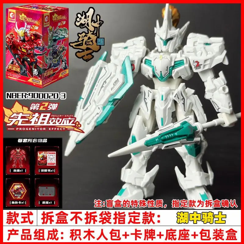A white action figure of a Kai Tiger Lake Knight built from an Ancestral Effect set with accessories.