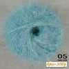 A close-up view of light blue long-haired alpaca blend yarn with a dark center, labeled as color code 05.