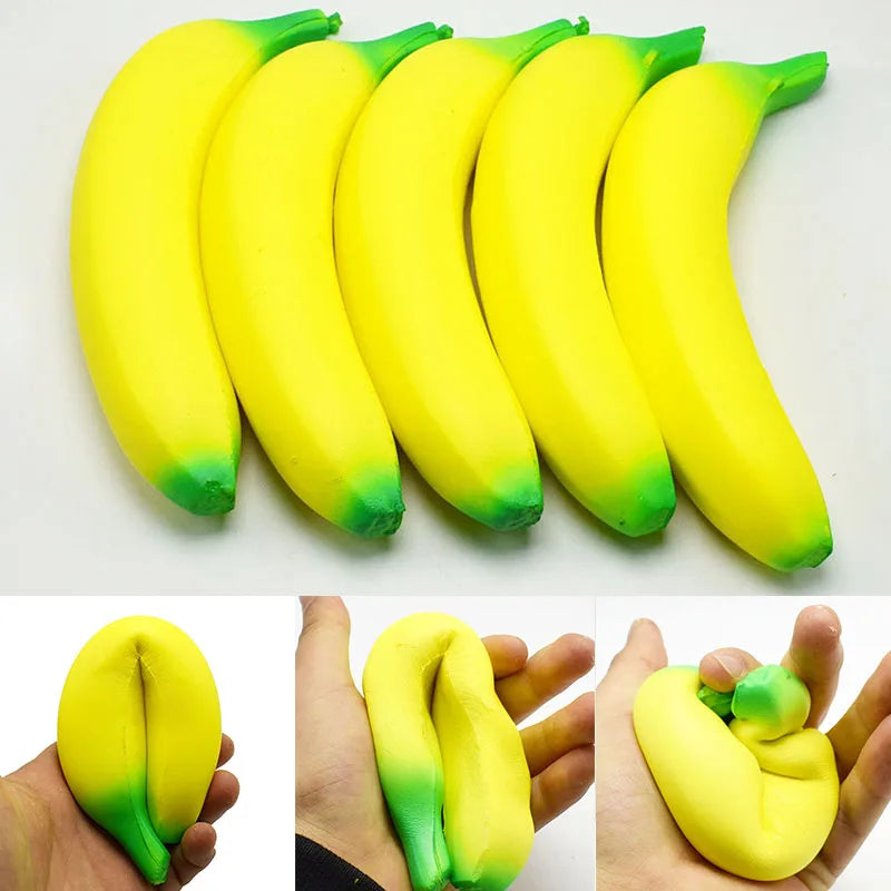 A set of bright yellow banana stress reliever toys shown from various angles.