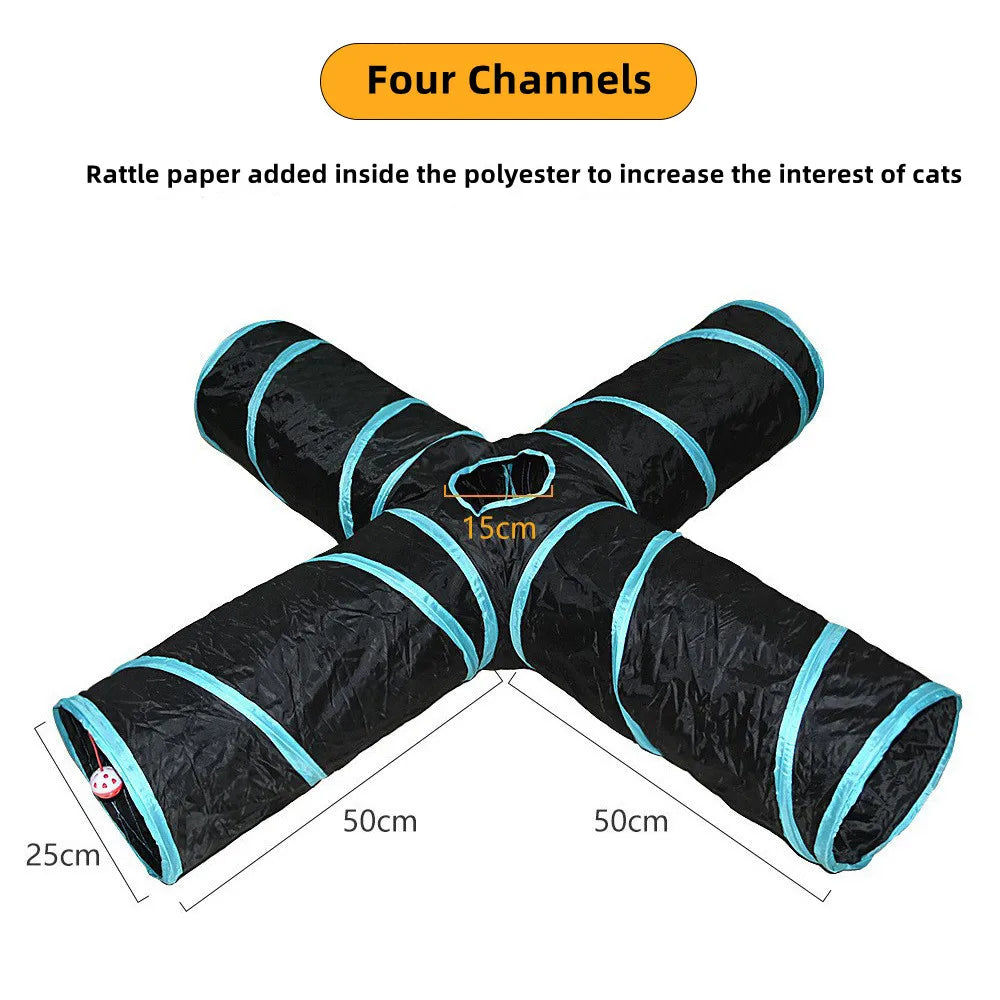 Black foldable S-shaped cat tunnel with four channels and hanging ball toys