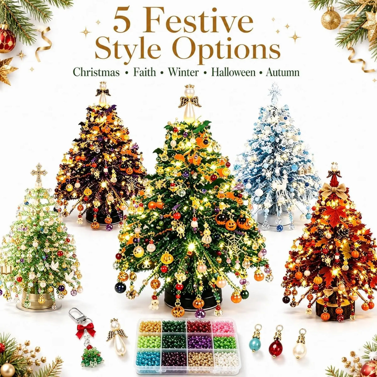 A collection of five festive style options featuring decorated Christmas trees and beaded ornaments for holiday decor.