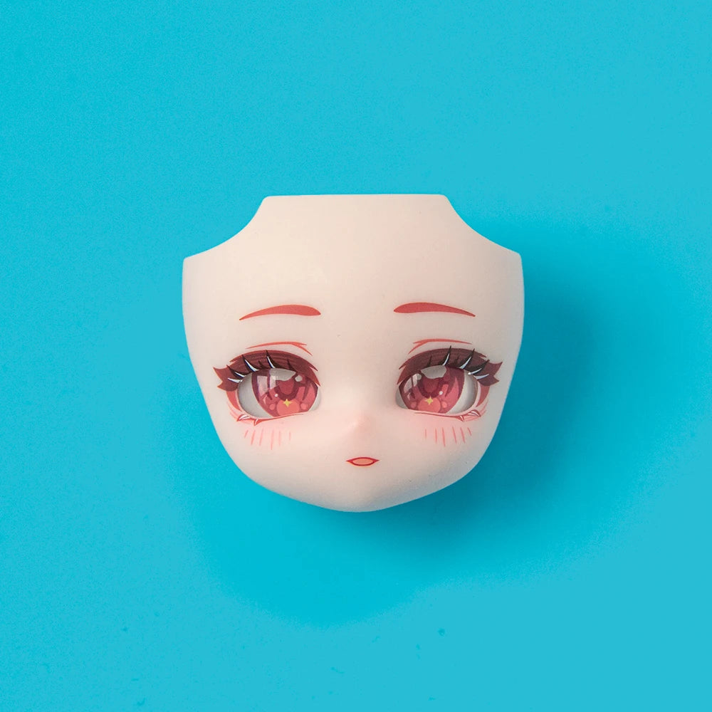A pale pink, stylized doll face with large pink eyes and subtle blush against a bright blue background.