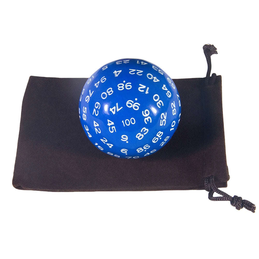 A blue 60-sided polyhedral die resting in a black fabric storage bag.