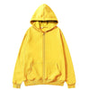 A bright yellow oversized zip-up hoodie with a hood and front pocket.