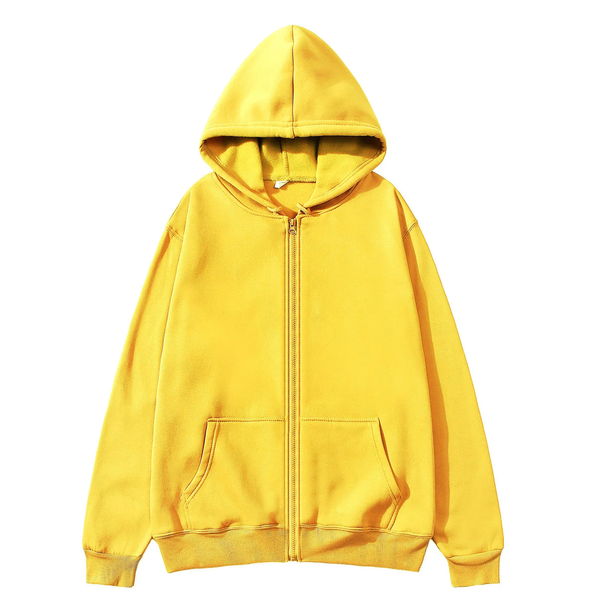 A bright yellow oversized zip-up hoodie with a hood and front pocket.