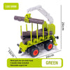 A green log grab toy tractor with a wooden trailer and remote control features.
